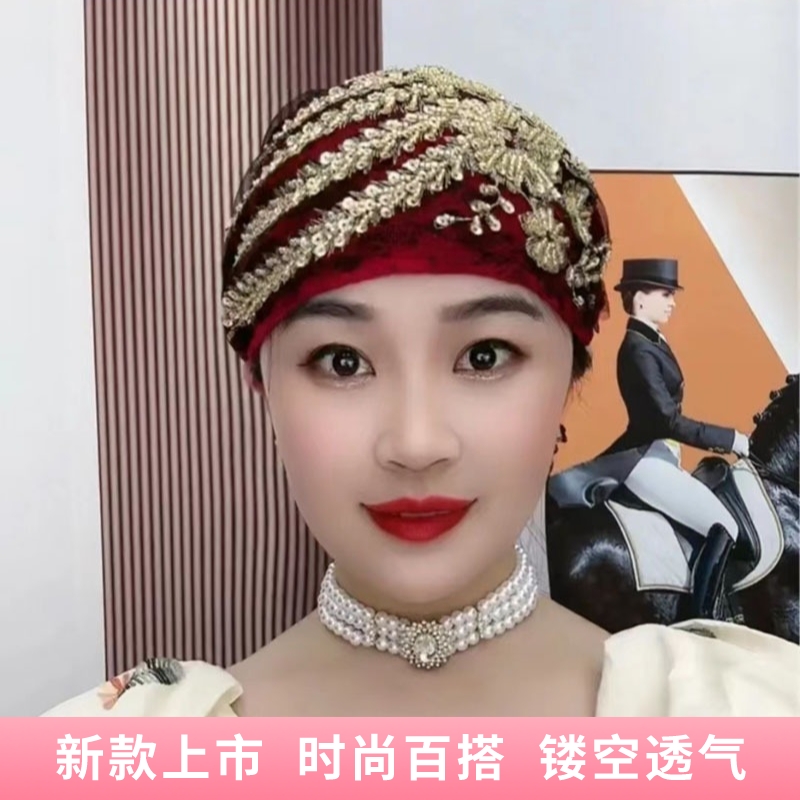 新款女士凤尾花发带帽子洋气时尚款带后花包头帽镂空透气气质百搭