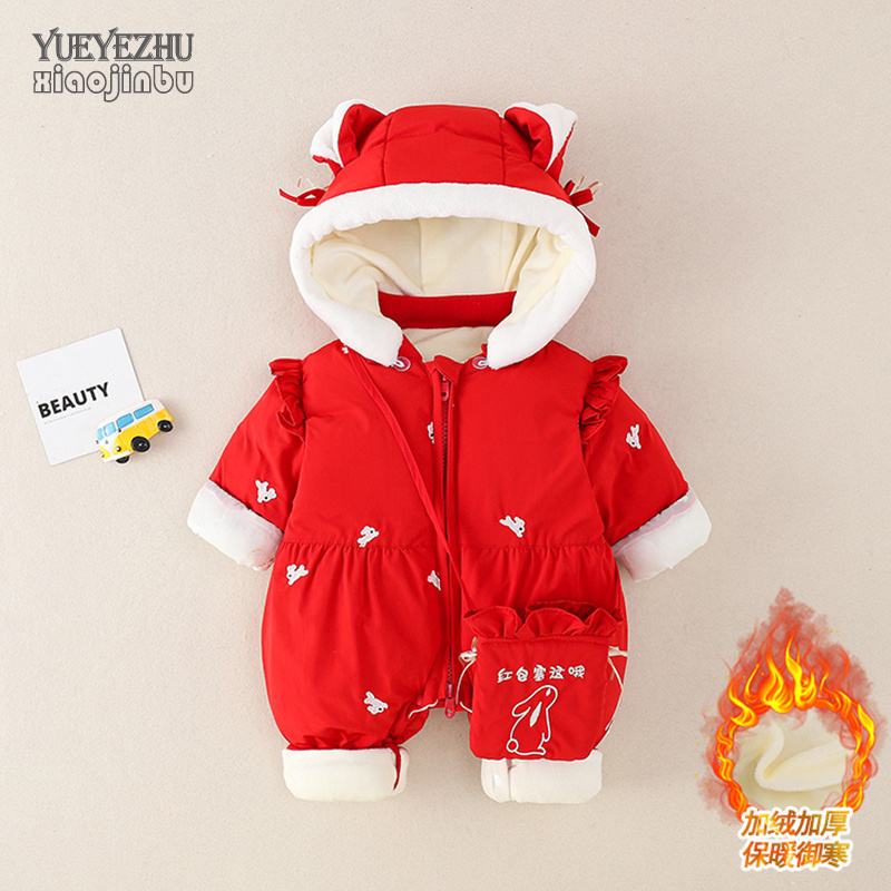 红色婴儿拜年服冬装女宝宝过年喜庆衣服冬季保暖连体衣洋气新年装