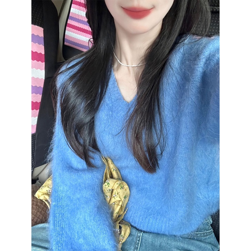 蓝色v领马海毛针织毛衣女秋冬2024年新款软糯慵懒风套头长袖短款