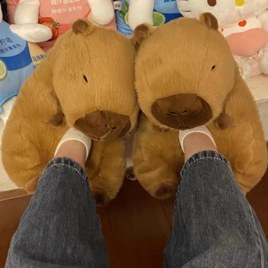 卡皮巴拉拖鞋立体水豚拖鞋毛绒玩具卡通棉鞋卡皮巴拉暖脚毛绒玩具
