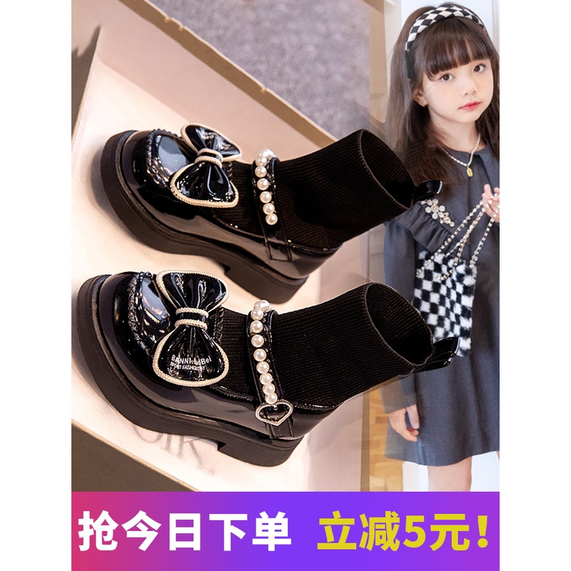 回力瑞女童鞋小皮鞋2023秋季新款儿童短靴子公主马丁靴小女孩袜靴