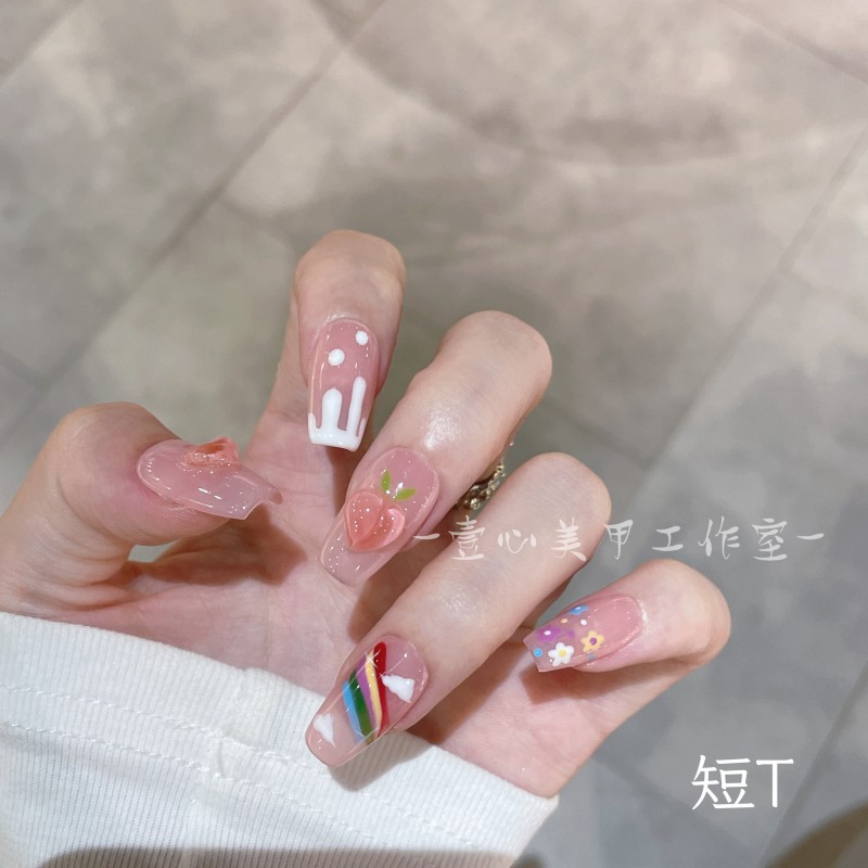 纯手工定制穿戴甲 壹心推荐 彩虹雪糕美甲贴片可拆卸假指甲贴10片