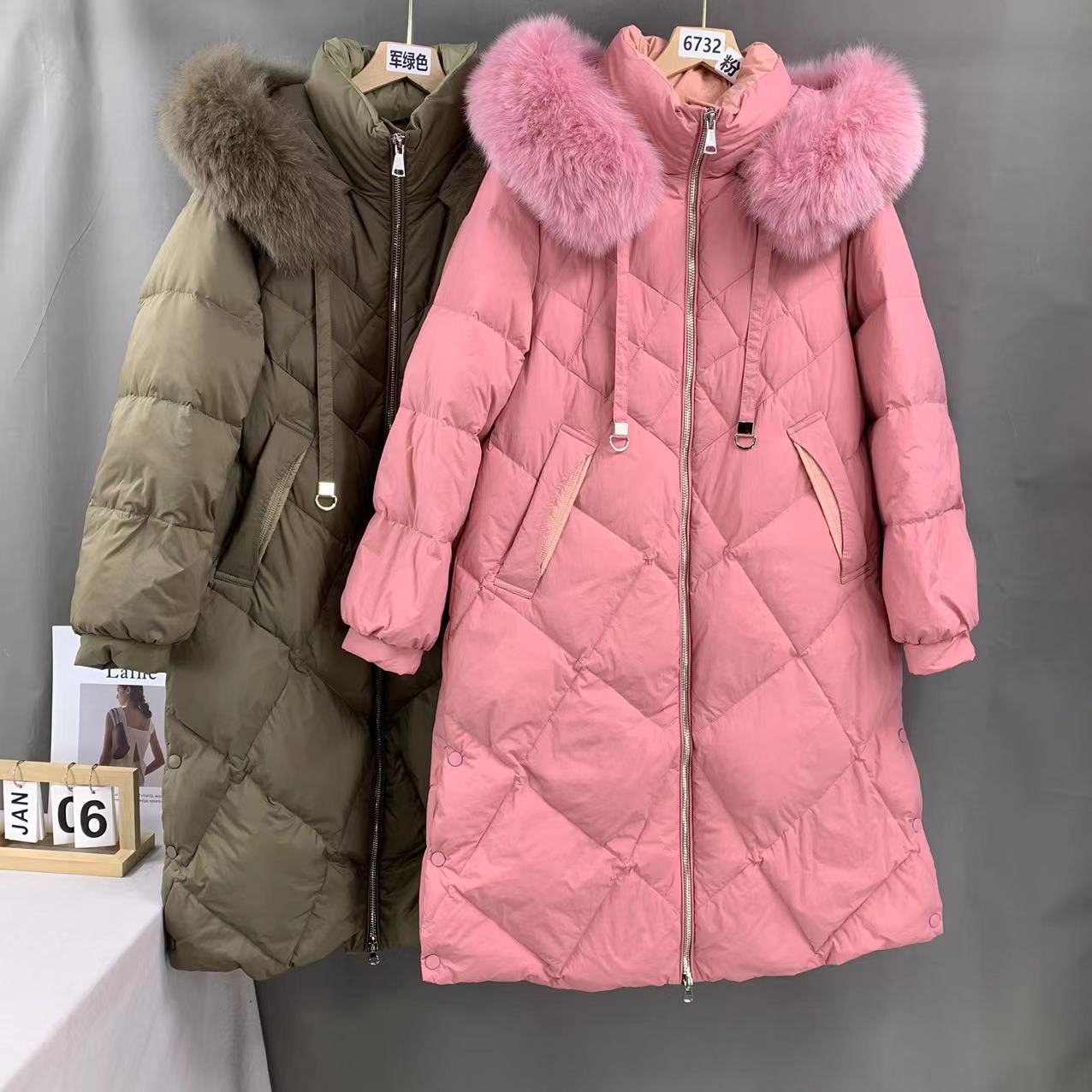 6732号4020#秋冬固定连帽双口袋长款填充外套