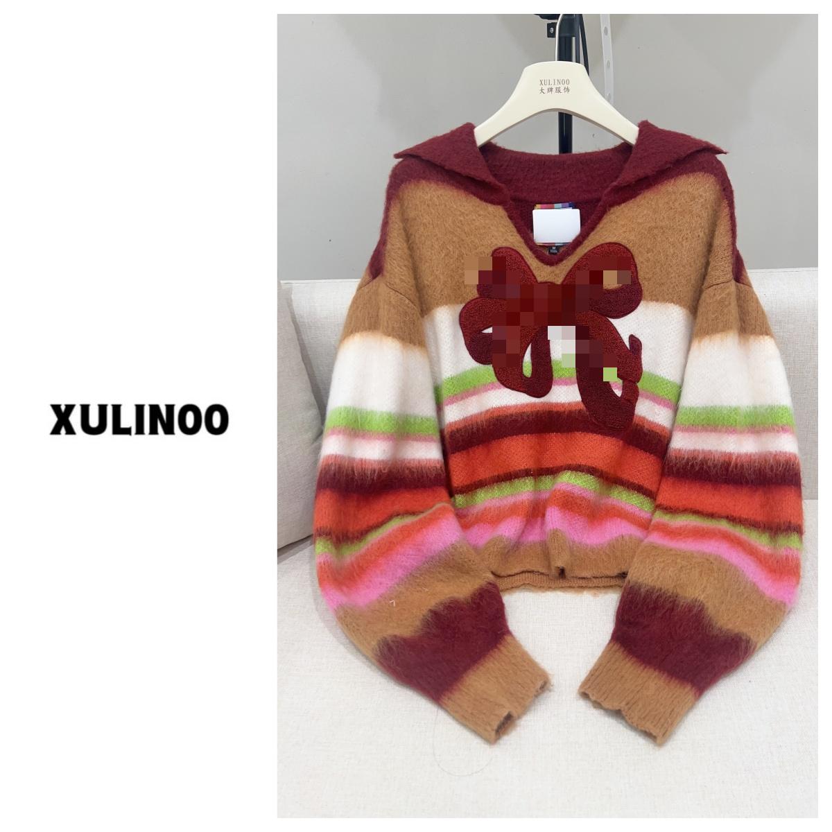【老徐优选】春秋冬时尚显白条纹蝴蝶结宽松开衫 XL40111-1346