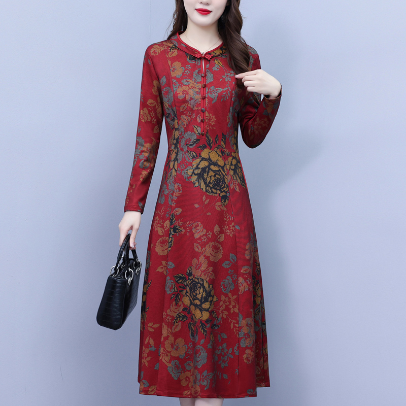 贵夫人喜婆婆红色旗袍连衣裙新款春秋冬中长款修身妈妈装气质裙子