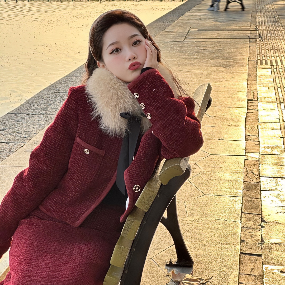 【C位战袍】 冬季新款韩版羽绒小香风外套半身裙套装两件套女