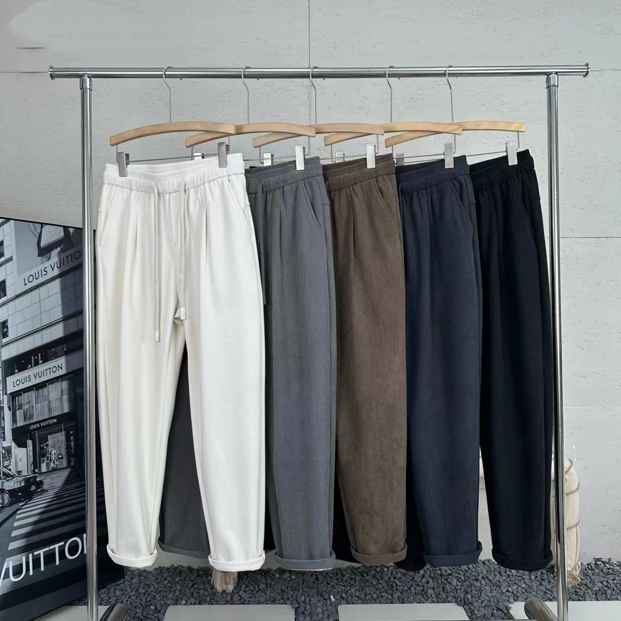 《穿街走巷》定制双版本细纹博奥绒休闲百搭小直筒宽松简约长裤N839