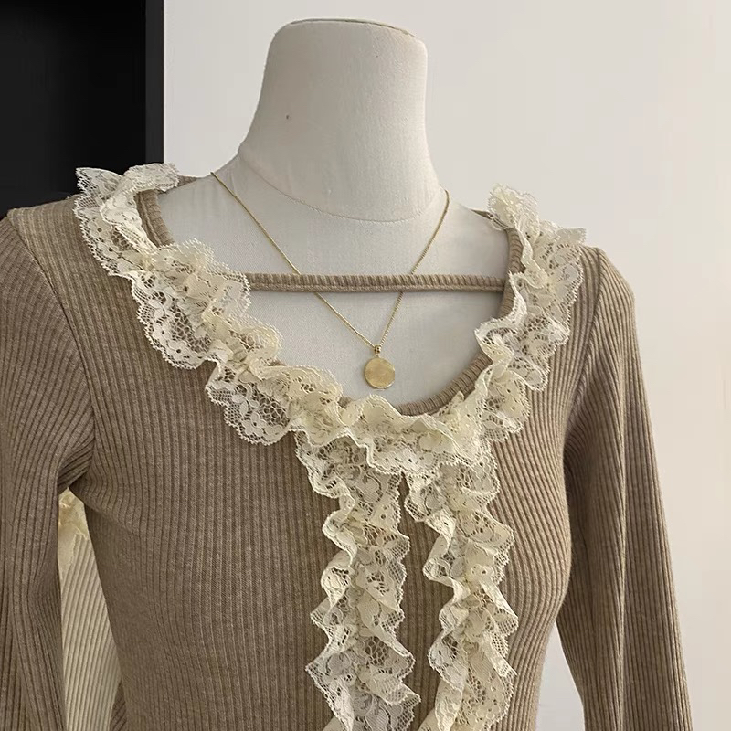 北北推荐荷叶边圆领短款长袖针织衫女韩版通勤百搭短款上衣潮