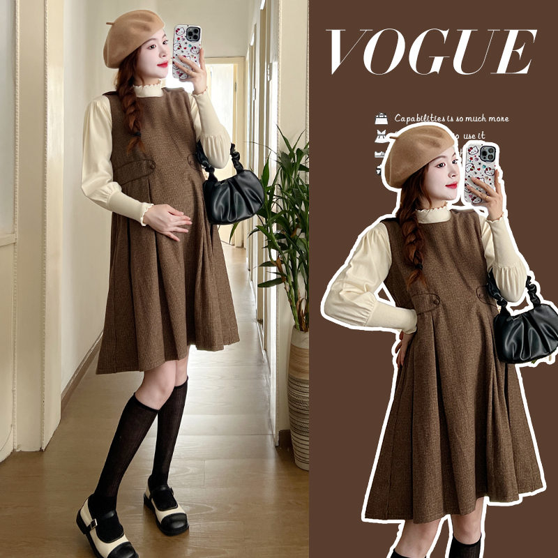 孕妇装秋冬新款复古毛呢背带裙+百搭长袖打底衫时尚减龄气质套装