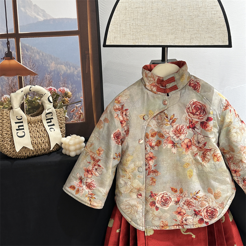 【富贵花】女童汉服冬季宝宝拜年服夹棉加厚立领中国风儿童过年衣服