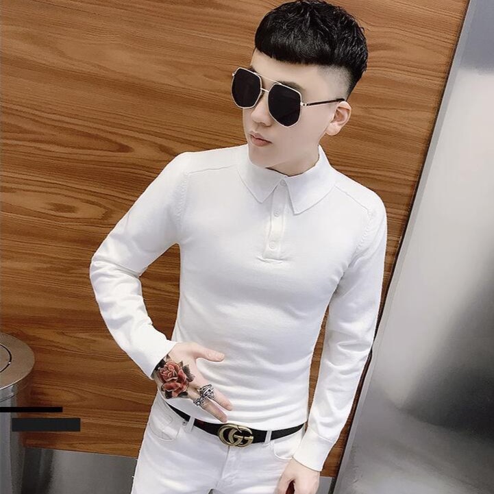 长袖纯色针织polo衫2023秋冬新款韩版男士翻领修身打底衫潮牌毛衣