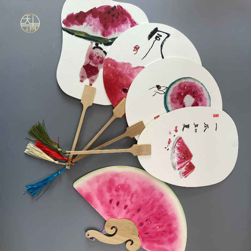 天青阁西瓜团扇宣纸半生熟团扇夏日纳凉扇蒲扇创意单面印刷西瓜扇