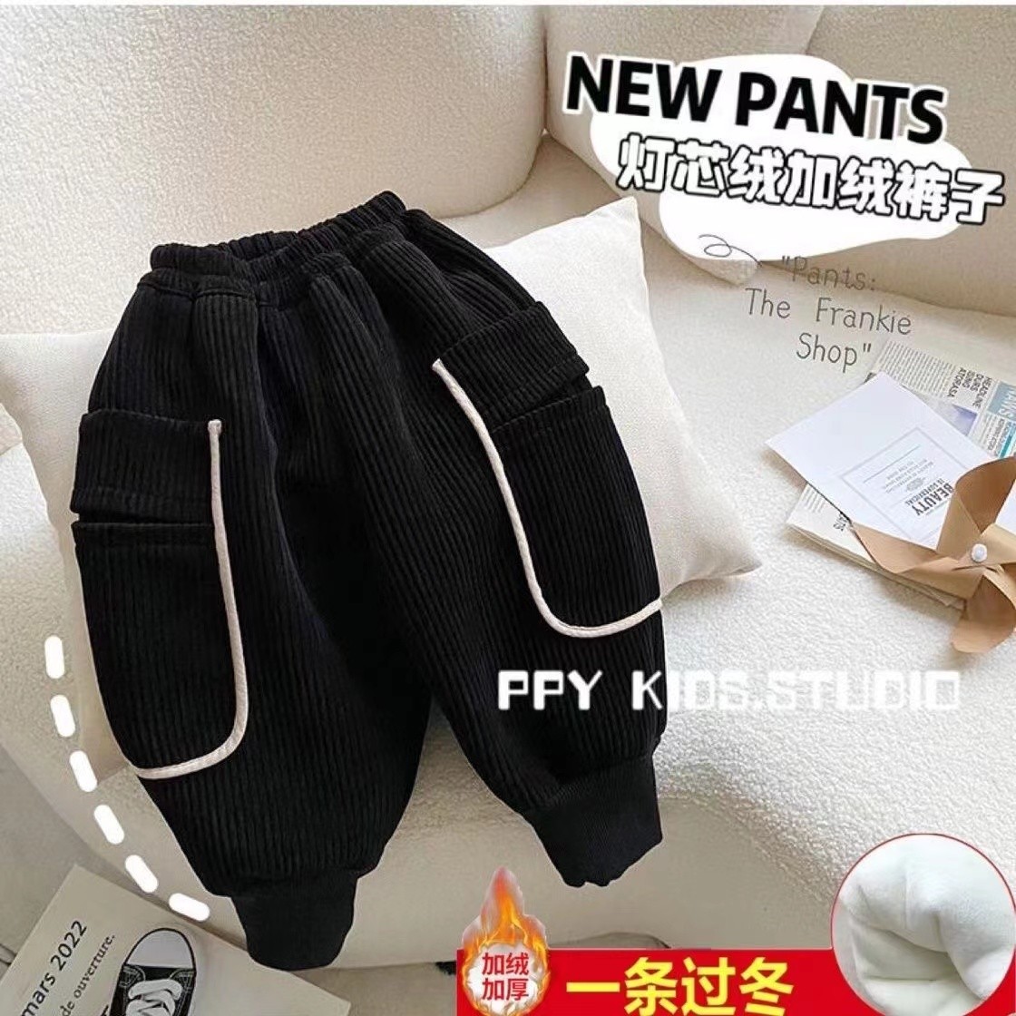 男童加绒裤子2022冬装新款一体绒宝宝灯芯绒长裤儿童加厚保暖裤潮