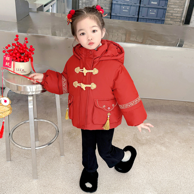 女童加绒夹棉拜年服2023新款冬季女孩红色加厚中国风喜庆保暖冬装
