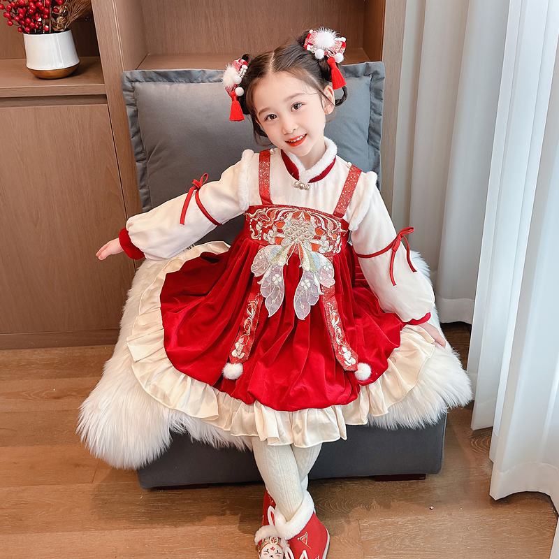 女童加绒保暖年服裙2023新款冬季女孩中国风加厚拜年服国潮连衣裙