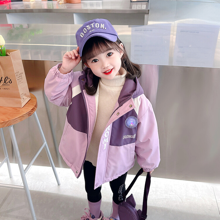 女童加绒拼色冲锋衣2023新款秋冬季女孩韩版洋气时髦加棉儿童外套