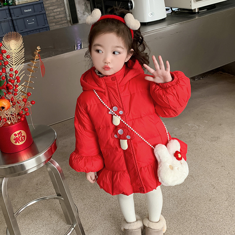 女童白鸭绒羽绒服2023新款秋冬季女孩韩版洋气时髦中长款拜年服潮