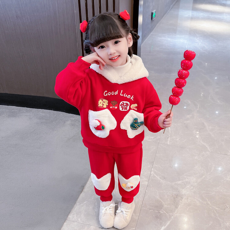 女童加绒加厚拜年服套装2023新款冬季女孩中国风保暖喜庆两件套
