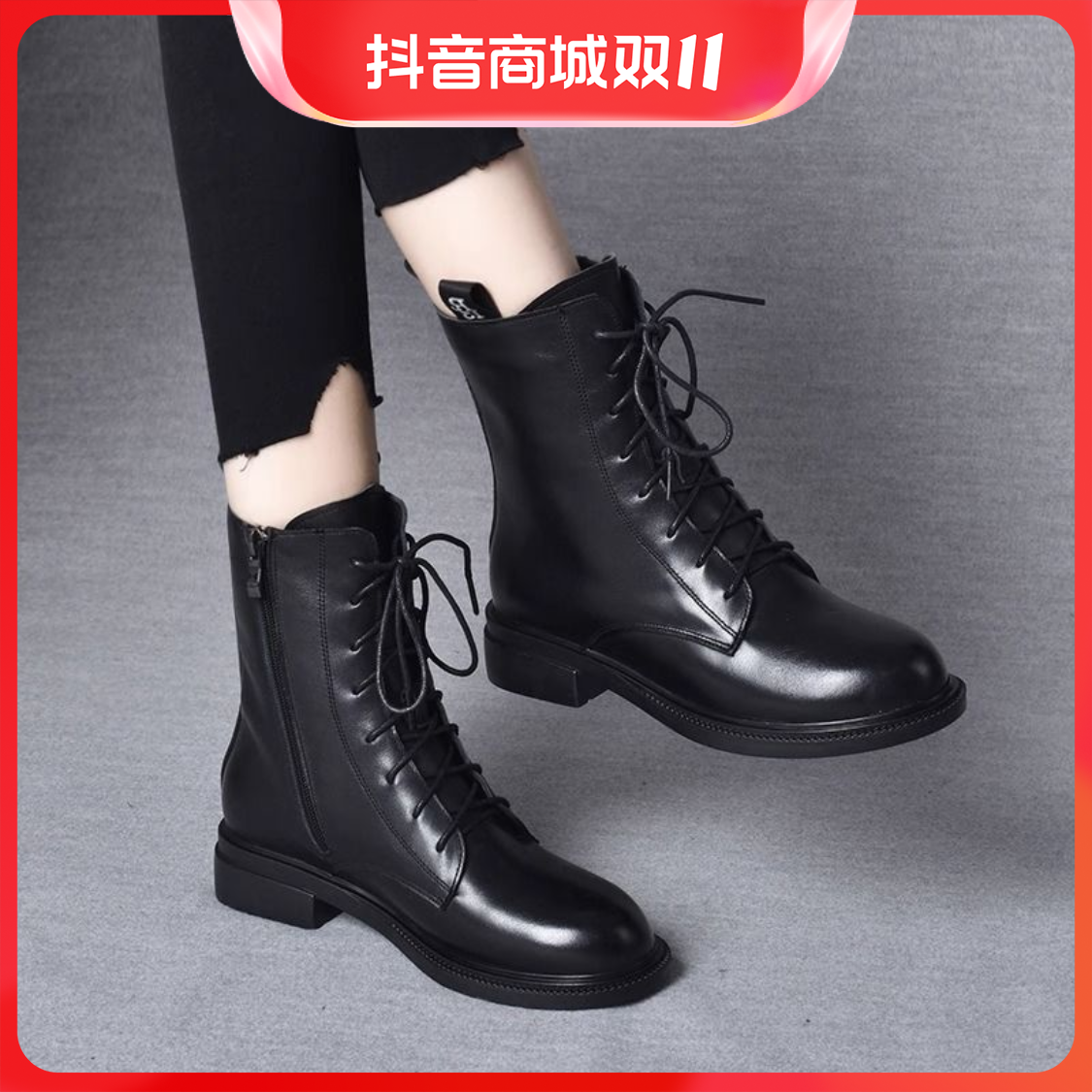 百丽纯爱真皮马丁靴女新款秋冬季加绒棉鞋平底短靴妈妈中筒靴子女