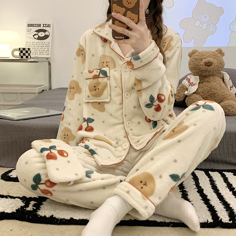 加厚珊瑚绒睡衣女秋冬款加绒长袖保暖可外穿家居服秋冬季大码套装