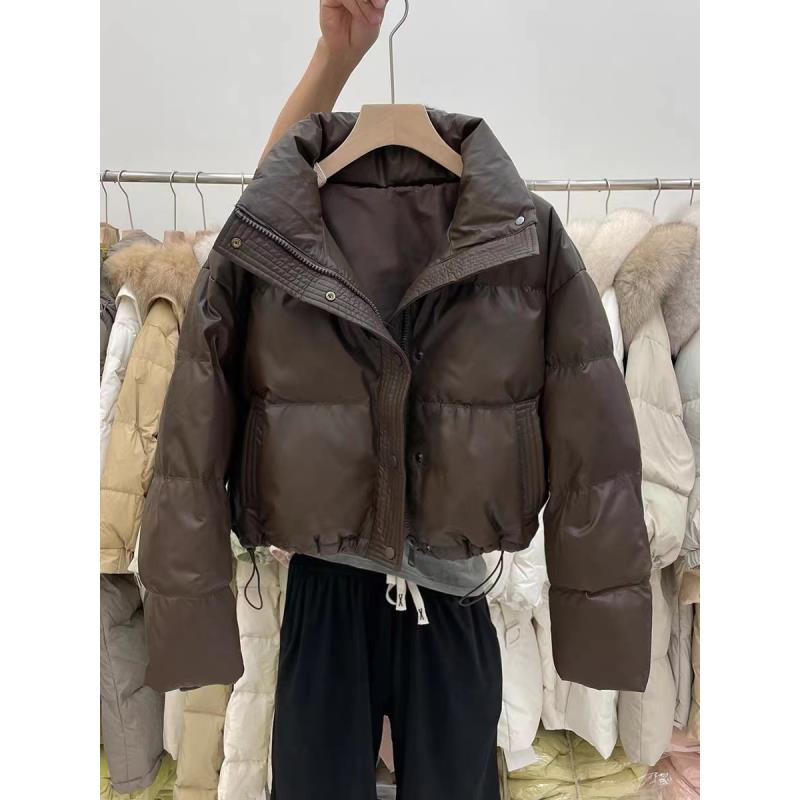 免洗pu皮棉服女短款2023新款冬季加厚立领面包服小个子肯豆外套