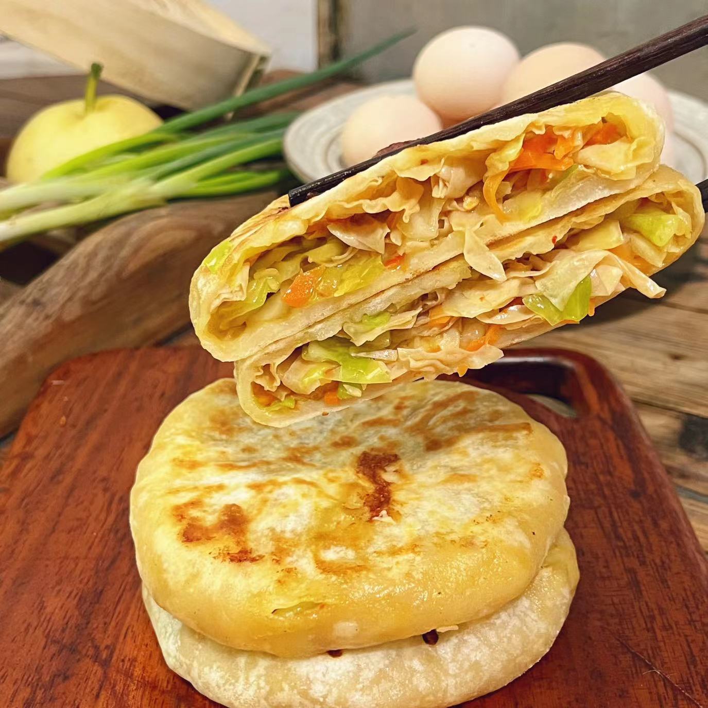 妈妈是超人【豆皮包菜 素馅饼】手工煎饼速食早餐葱油饼