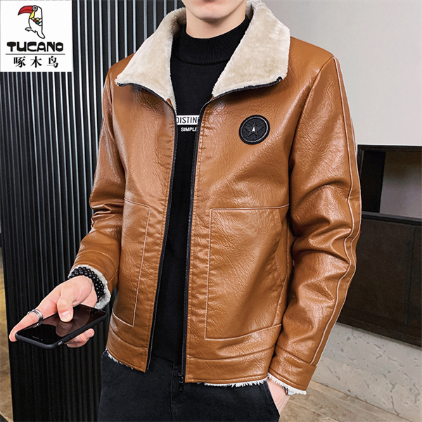 啄木鸟皮毛一体加绒皮衣男冬季翻领机车皮夹克加绒加厚皮衣袄外套