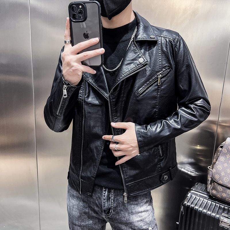 2023秋季新款男机车PU皮夹克皮衣男外套韩版修身斜拉链皮衣男