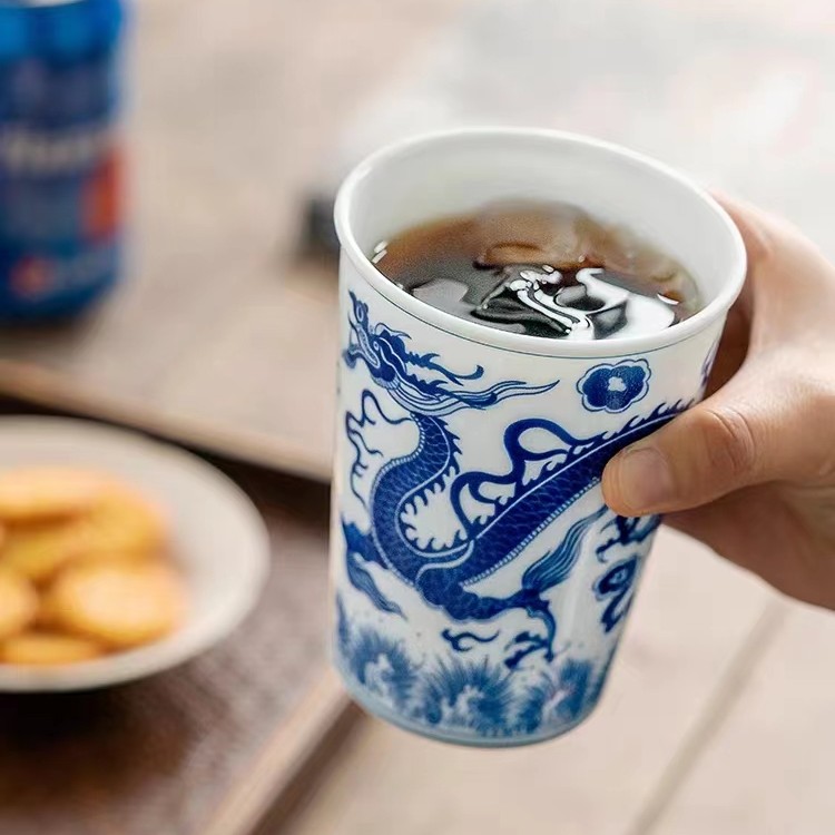 龙凤呈祥青花陶瓷可乐杯陶瓷龙纹杯茶杯仿古主人杯直口单杯品茗杯