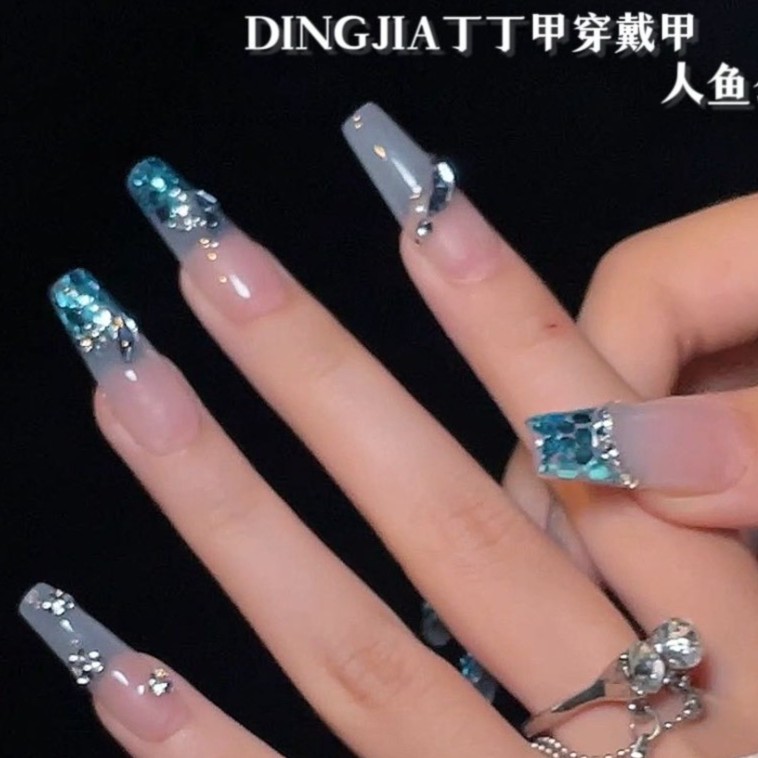 【人鱼公主】秋冬蓝色海洋亮片超闪气质美甲丁丁甲纯手工穿戴甲
