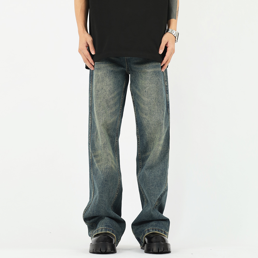 美式水洗做旧复古牛仔裤男女潮牌cleanfit宽松大码直筒拖地裤子