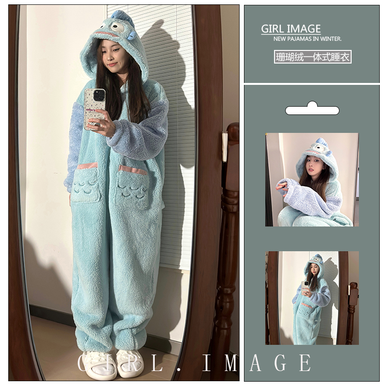 可爱卡通连体珊瑚绒睡衣女冬季2023新款加绒加厚小丑鱼家居服套装