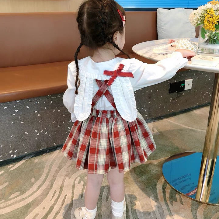 女童炸屁裙套装2023秋装新款韩版可爱格子学院风女宝宝套装jk制服