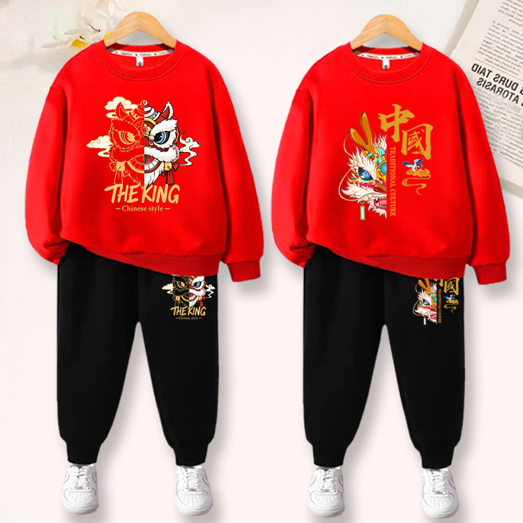 龙年儿童卫衣加绒加厚套装2024本命年红色国潮过年衣服秋冬喜庆班