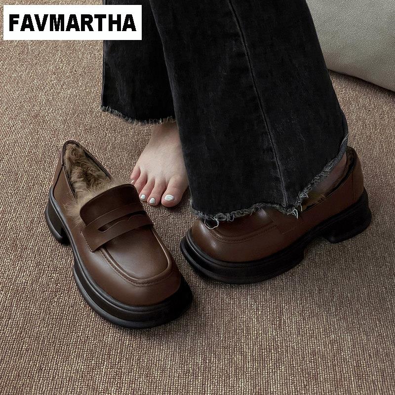 FAVMARTHA毛毛鞋女秋冬2023新款加绒乐福鞋保暖厚底增高英伦风小
