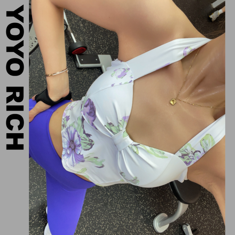 YOYO健身-欧美印花挂脖式瑜伽背心女含胸垫速干跑步运动健身上衣