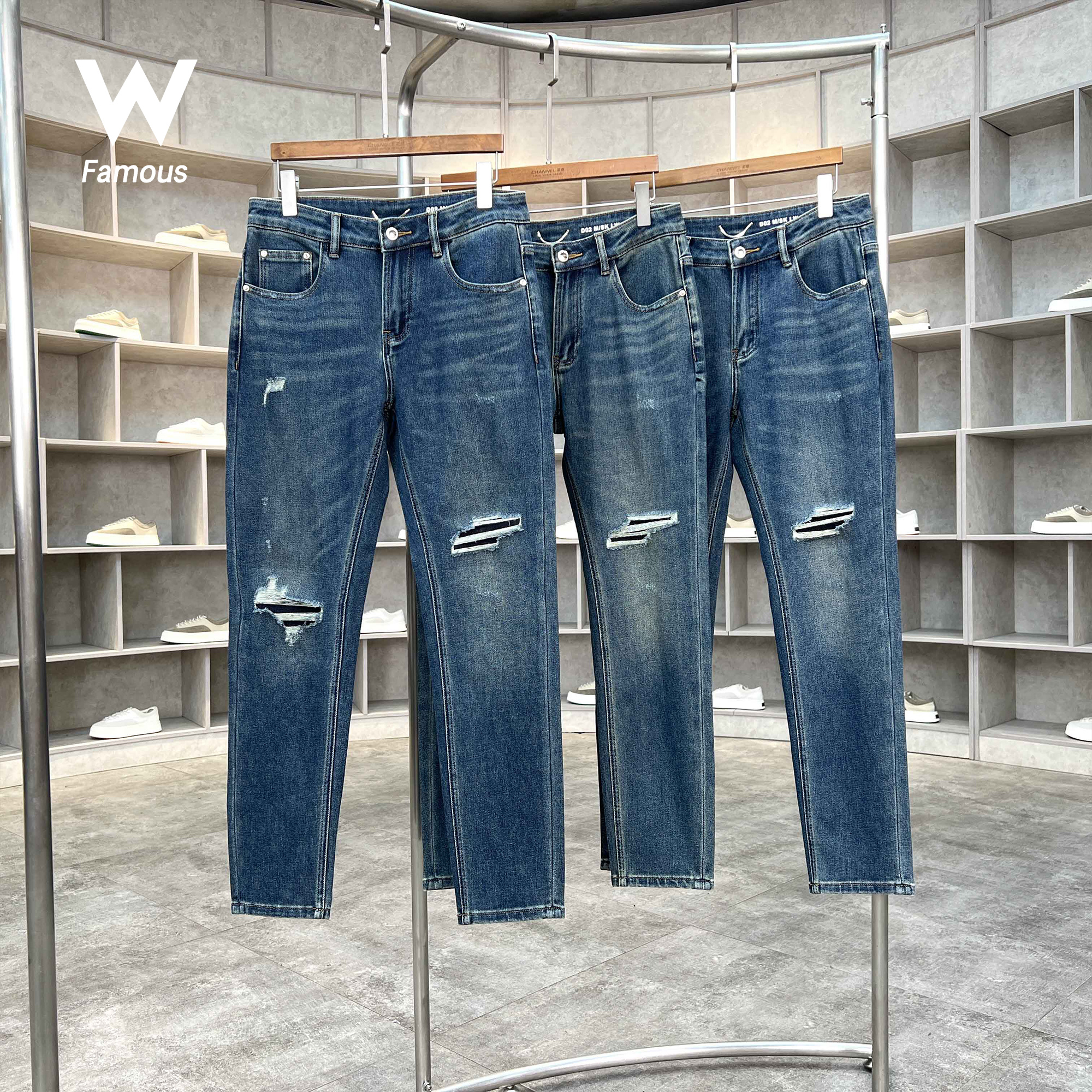 【秋冬上新】9303-假破洞垫布/水洗蓝/休闲百搭修身直筒男牛仔裤子
