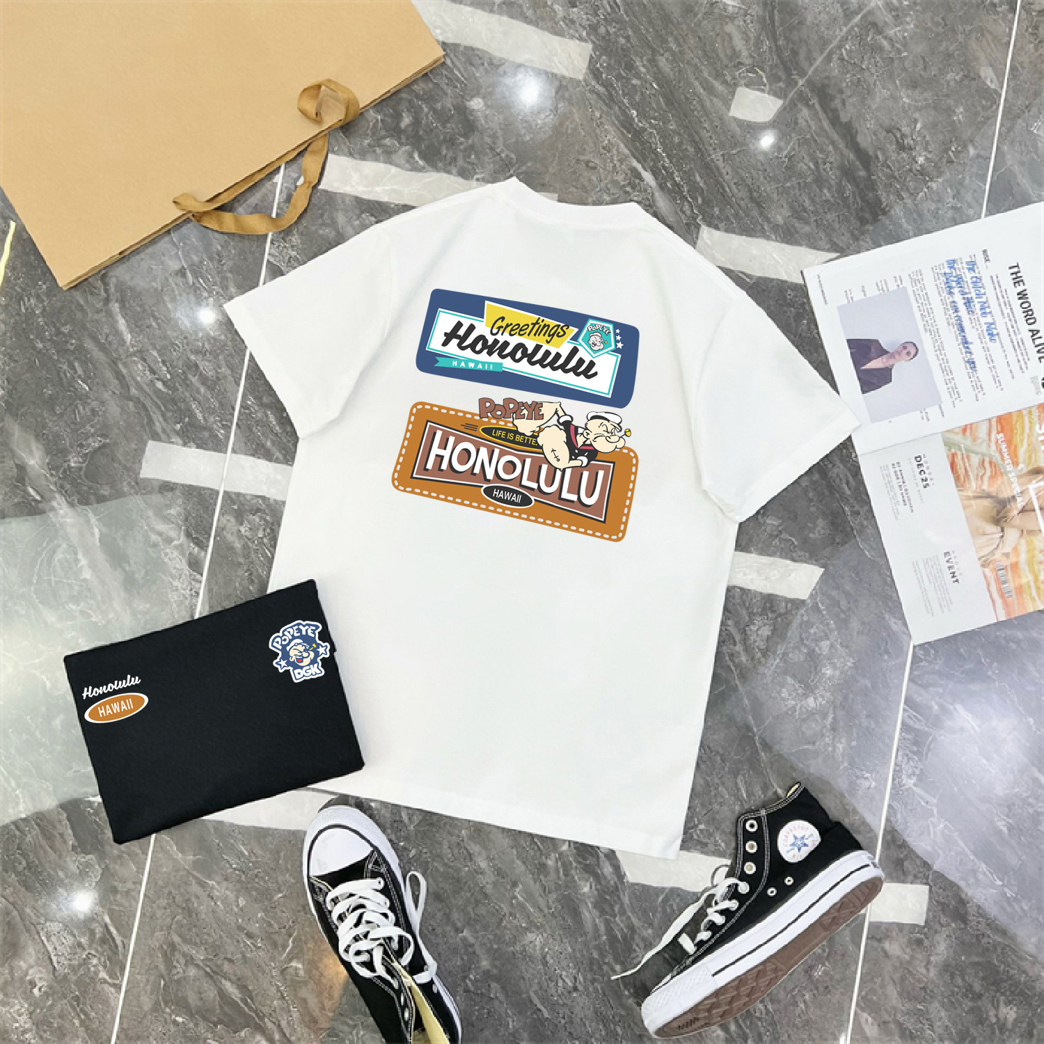 重磅纯棉短袖t恤水手印花休闲美式宽松圆领半袖男百搭潮流上衣819