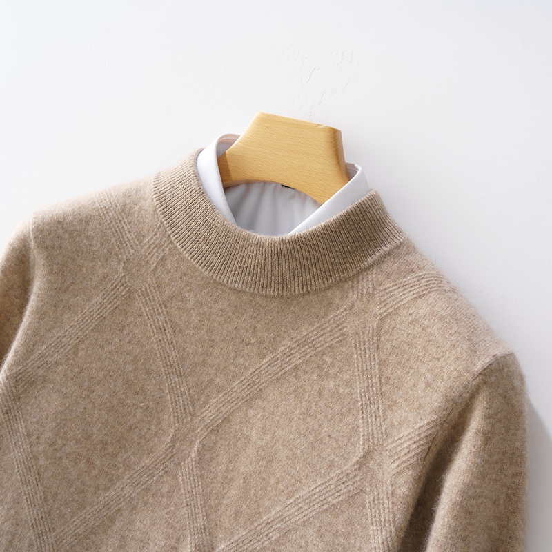 秋冬款厚款纯羊绒衫男士半高领菱形席编商务休闲套头针织打底衫