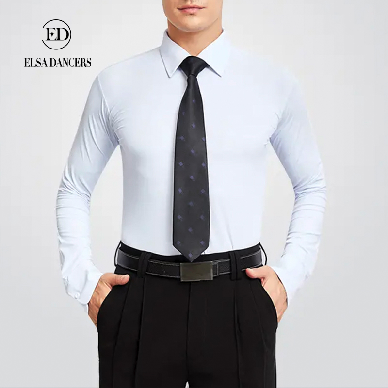 【ED舞服】国标舞男士透气长袖弹力衬衫摩登舞服N7205