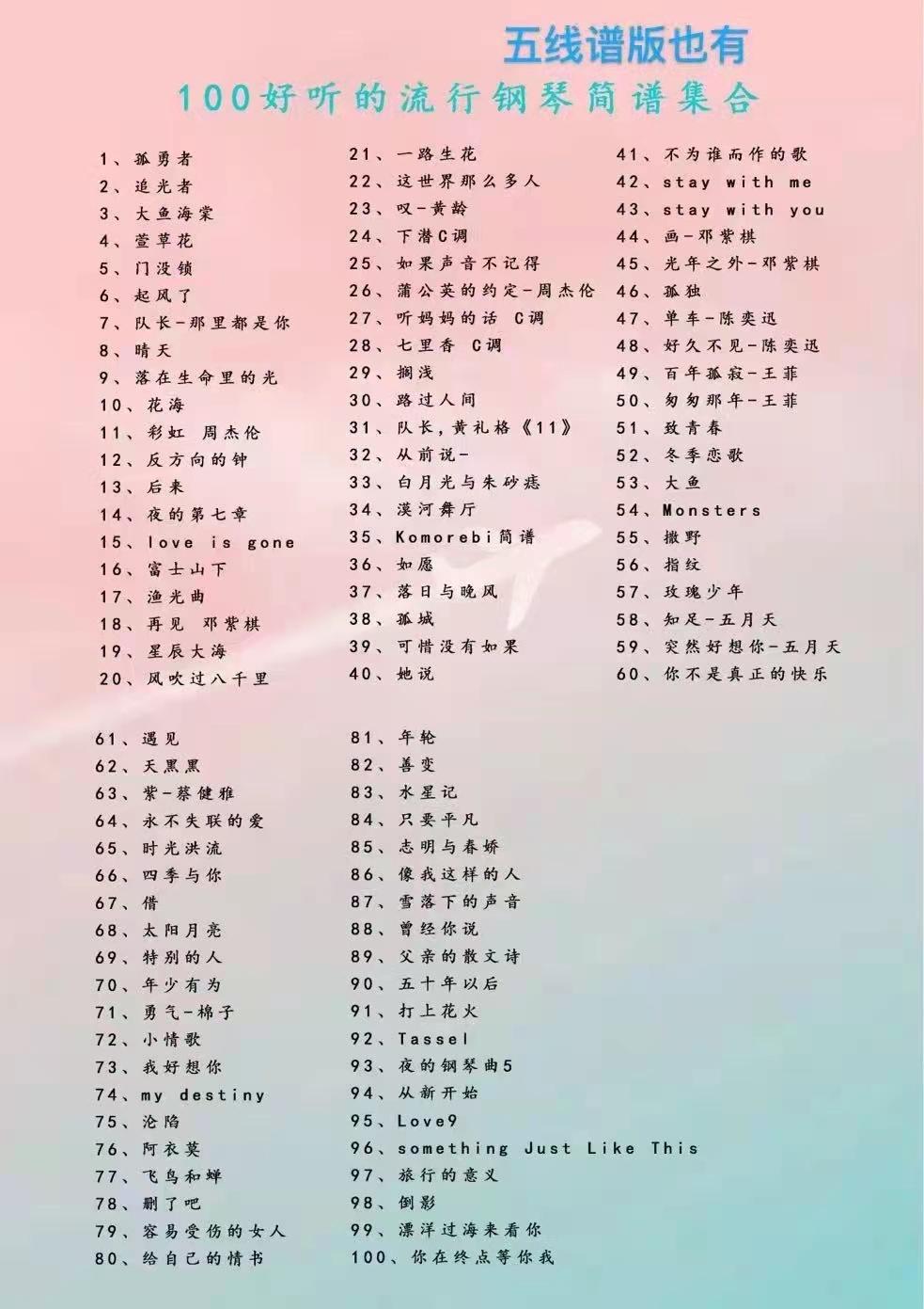 100首好听的流行钢琴曲集电子版