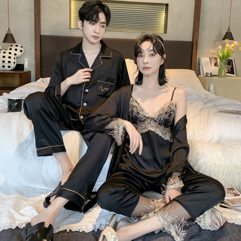 情侣睡衣春秋款冰丝长袖三件套女蕾丝吊带长袖睡袍夏季男丝绸套装