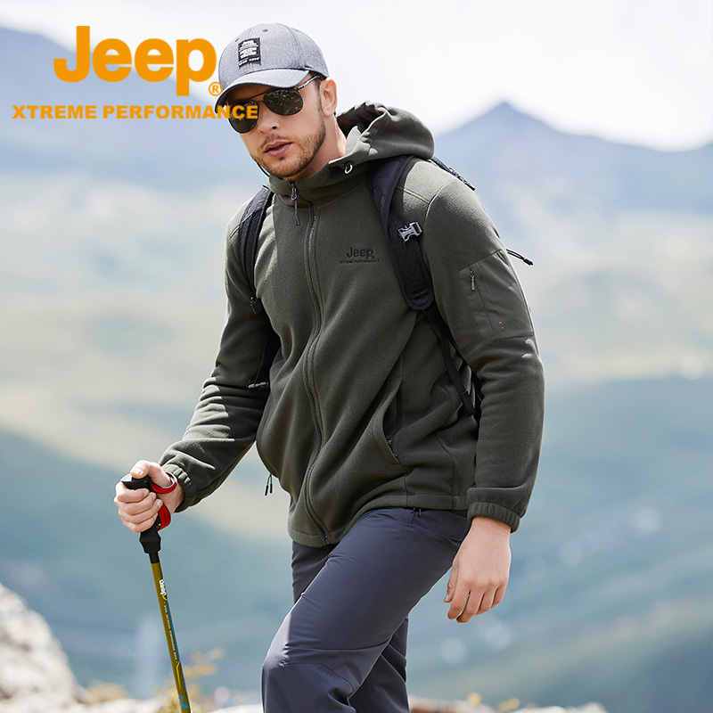 JEEP/吉普户外男士保暖抓绒连帽外套秋冬运动摇粒绒 J032094298