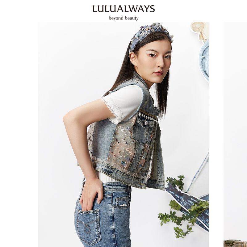 【蜜思仝粉丝专享】LULUALWAYS新款拼接牛仔网纱复古短款马甲