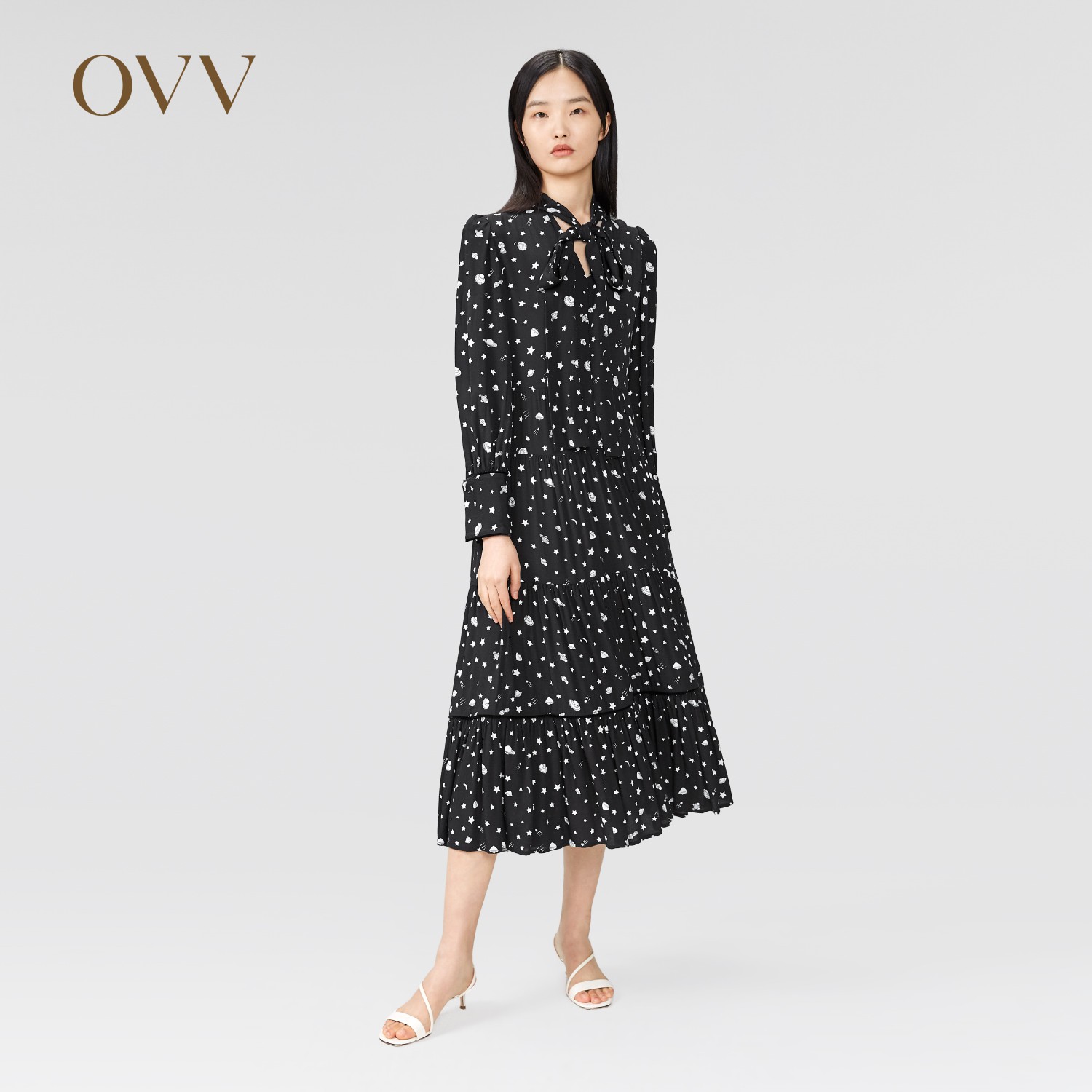 OVV女装原创优雅印花飘带领大摆法式茶歇气质连衣裙女GQLCJ10009A