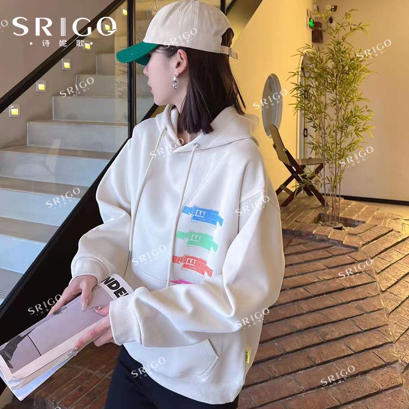 【诗妮歌】秋冬设计感字母彩色方块卫衣女款连帽宽松上衣-G1927