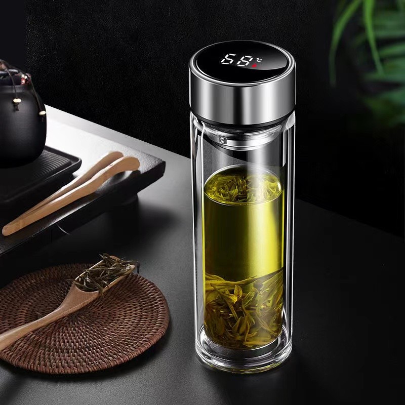 智能显温双层加厚玻璃杯耐高温可便携可车载大容量家用泡茶杯子