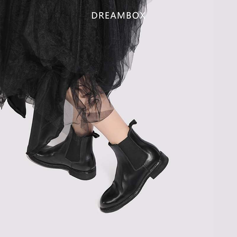 dreambox钧博时尚百搭切尔西靴女手工固特异皮靴英伦真皮底短靴子