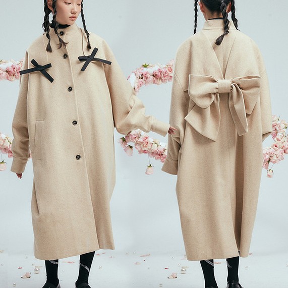 DIDDI MODA【官方正品】蝙蝠袖蝴蝶结中长毛呢外套 K5715