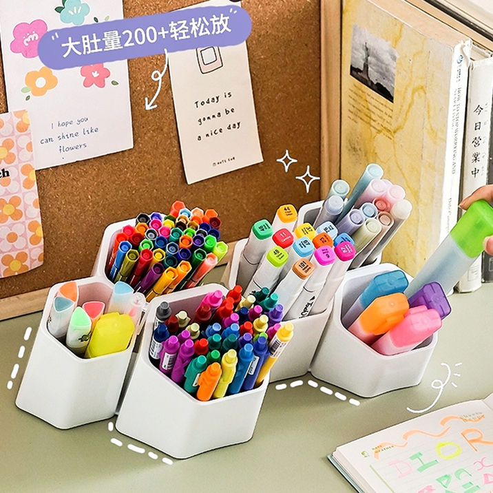 学生大容量笔筒ins六边形斜插笔筒 多功能桌面收纳盒化妆品文具